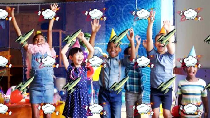 火箭和云图标与戴着派对帽跳舞的孩子对抗