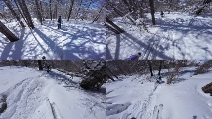 野雪小树林双板滑雪跟拍4K