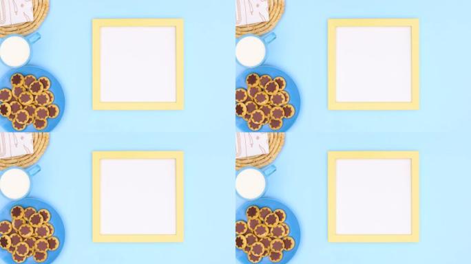 食谱框架以蓝色主题出现，盘子里有饼干，杯子里有牛奶。停止运动