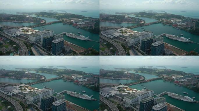 新加坡城市晴天圣淘沙岛著名购物中心港口交通空中全景4k