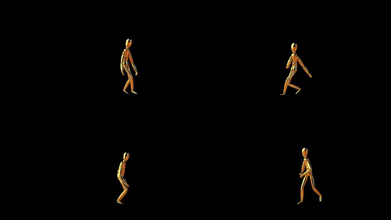 有趣的金色人体模型做嘻哈侧步，无缝循环，阿尔法通道