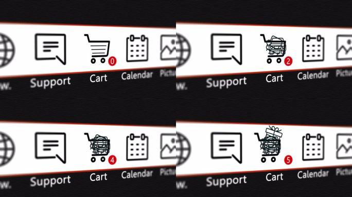 将商品添加到计算机屏幕上的购物车图标。网上购物视频动画循环。