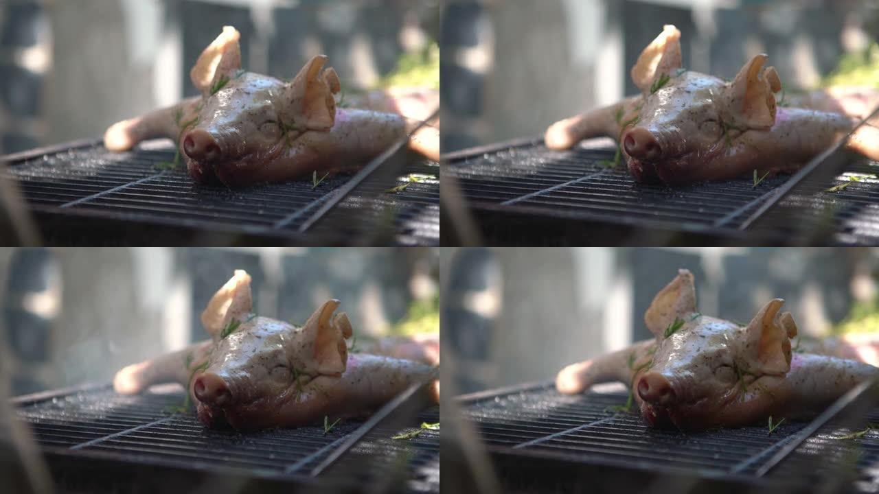 4K，花园屋烧烤全烤猪。家庭烹饪脆皮烤猪肉