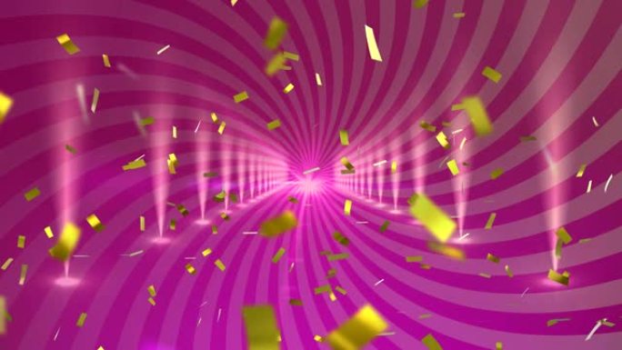 紫色旋转背景上带有镀金五彩纸屑的走廊动画
