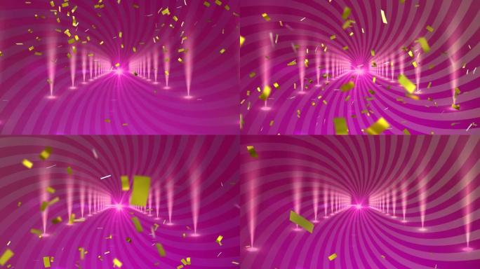 紫色旋转背景上带有镀金五彩纸屑的走廊动画