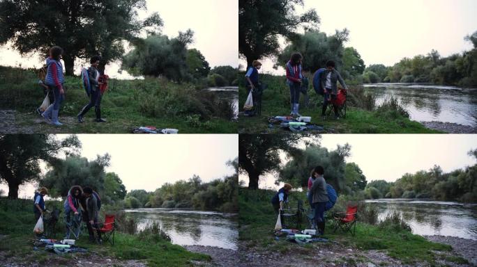 家人到达钓鱼之旅外国人河畔户外