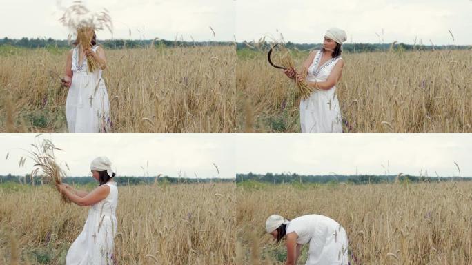 收割谷物作物时，穿着白色连衣裙和方巾的女人编织了一捆麦穗