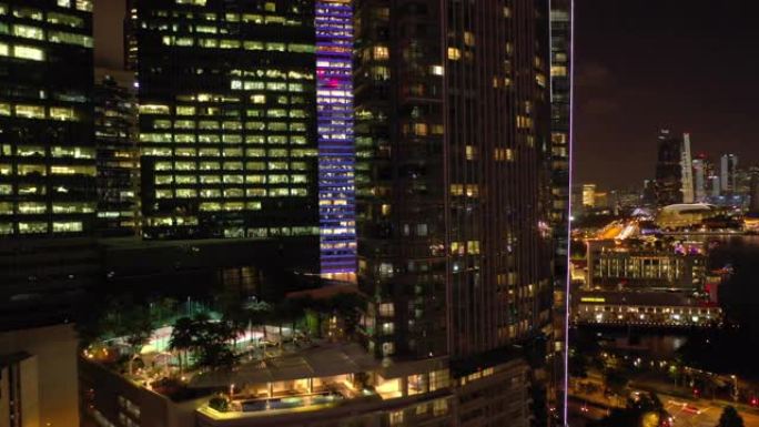 夜间照明新加坡市区办公楼空中全景4k