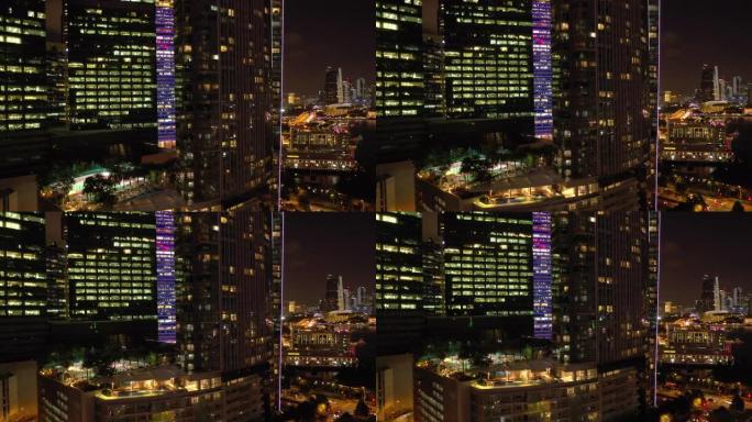 夜间照明新加坡市区办公楼空中全景4k