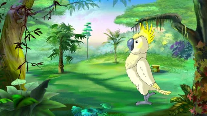 在丛林中行走的白鹦鹉凤头鹦鹉