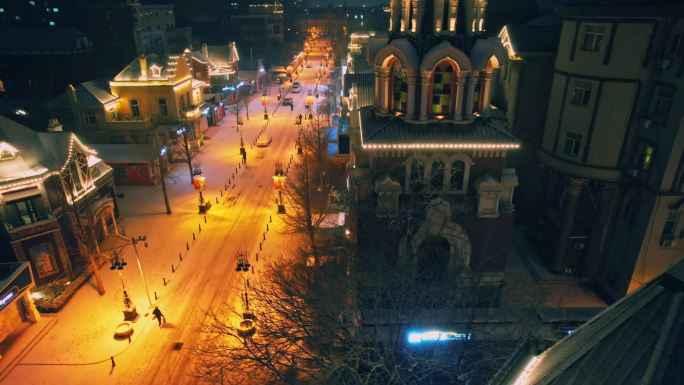 大连俄罗斯一条街夜间雪景航拍