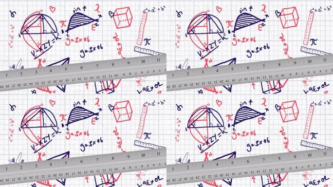 标尺反对正方形衬纸上的数学方程和图表