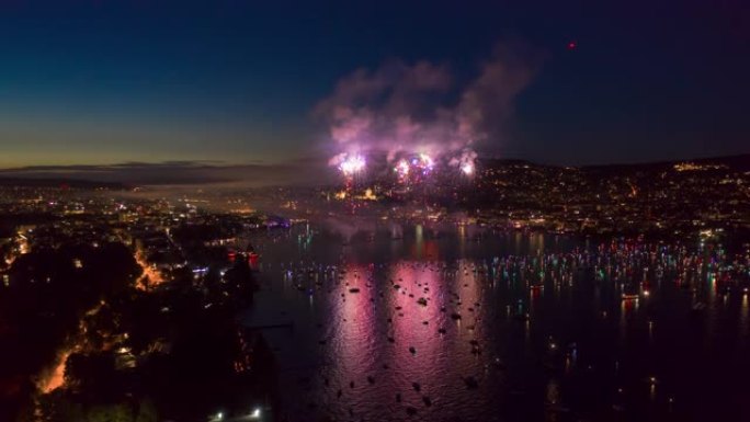 日落之夜苏黎世市夏季假日烟花湖空中全景4k延时瑞士