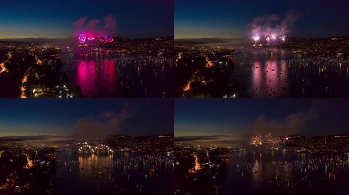 日落之夜苏黎世市夏季假日烟花湖空中全景4k延时瑞士