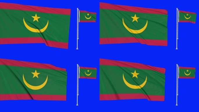 绿色屏幕毛利塔尼亚两旗挥舞毛利塔尼亚旗杆动画3d色度键