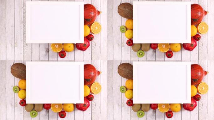 白色框架，文字和水果和蔬菜的位置出现在框架下。停止运动