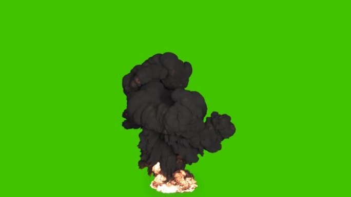 强烈的核爆炸，带有大量旋转的黑烟。黑烟爆炸，炸药爆炸。绿屏前的VFX动画。