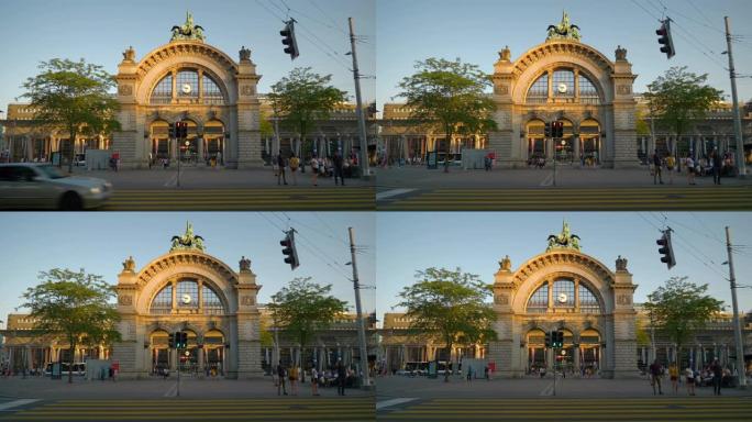 日落时间卢塞恩市交通街火车站广场拱门慢动作全景4k瑞士