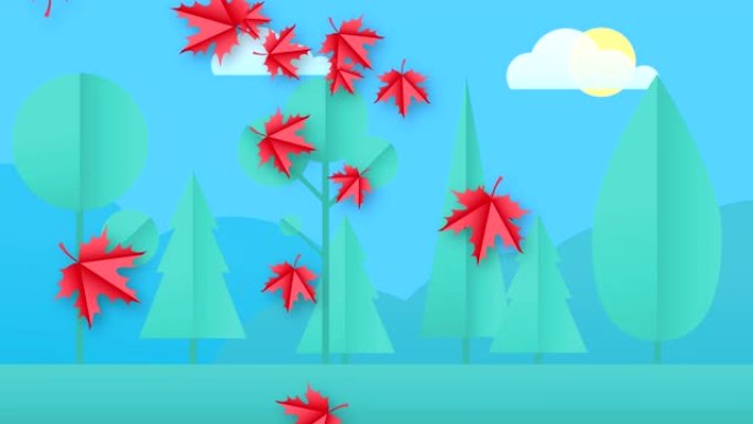 抽象视频，在自然背景上水平落下五颜六色的叶子