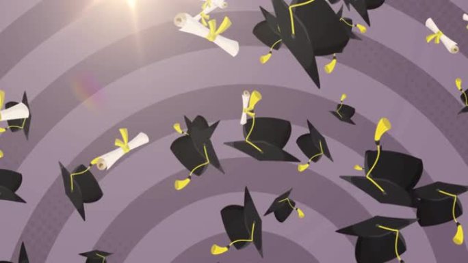 紫色背景上的多个毕业帽和文凭图标落在多个圆圈上