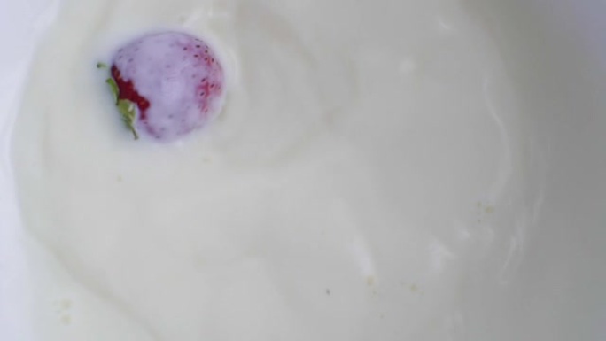 草莓浆果慢动作落入装有牛奶的碗中。牛奶飞溅。