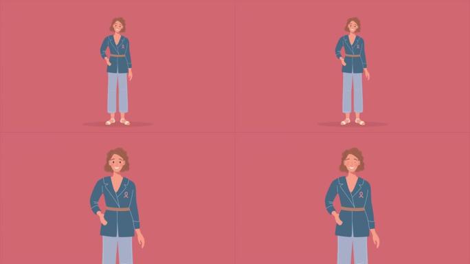 不同女性乳腺癌宣传月。粉红色丝带的动画女人