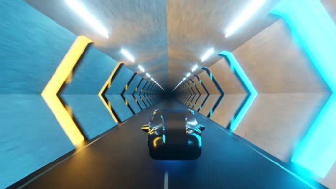在一条长隧道里，飞行机器人在一辆未来派汽车的方向盘后面。后视图。人工智能和未来的概念。无缝循环3d渲