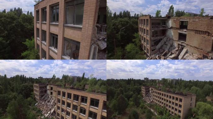 乌克兰切尔诺贝利附近普里皮亚季镇第一倒塌学校的鸟瞰图。4K