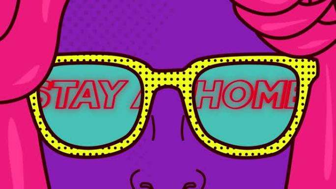 卡通紫色女人戴黄色眼镜展示七彩霓虹灯字的动画待在家里