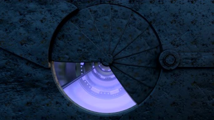 铁锈舱口打开飞船景观的全景。科幻走廊的3d抽象背景。未来技术VJ为技术标题和背景。
