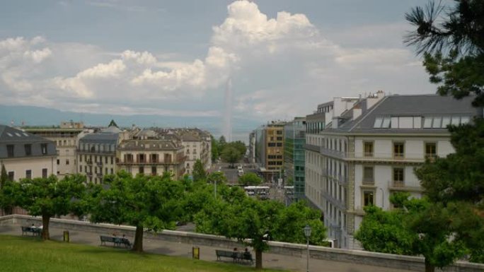 夏日日内瓦市中心著名喷泉交通街广场公园山全景4k瑞士