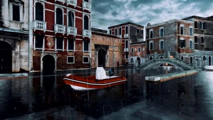 空荡荡的威尼斯街和水渠在涨潮时被洪水淹没