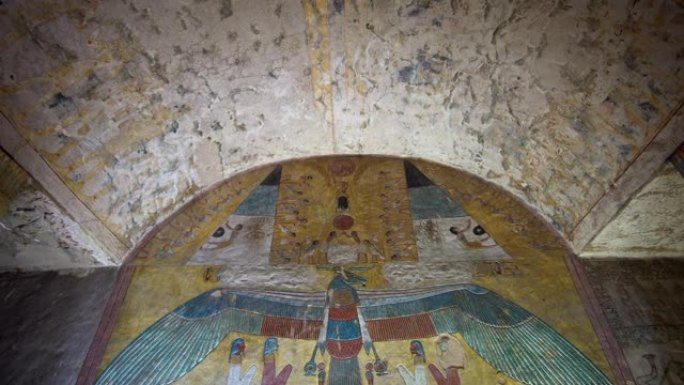 帝王谷Tausert和Setnakht墓的插图和墓室中的象形文字蓝色和黄色