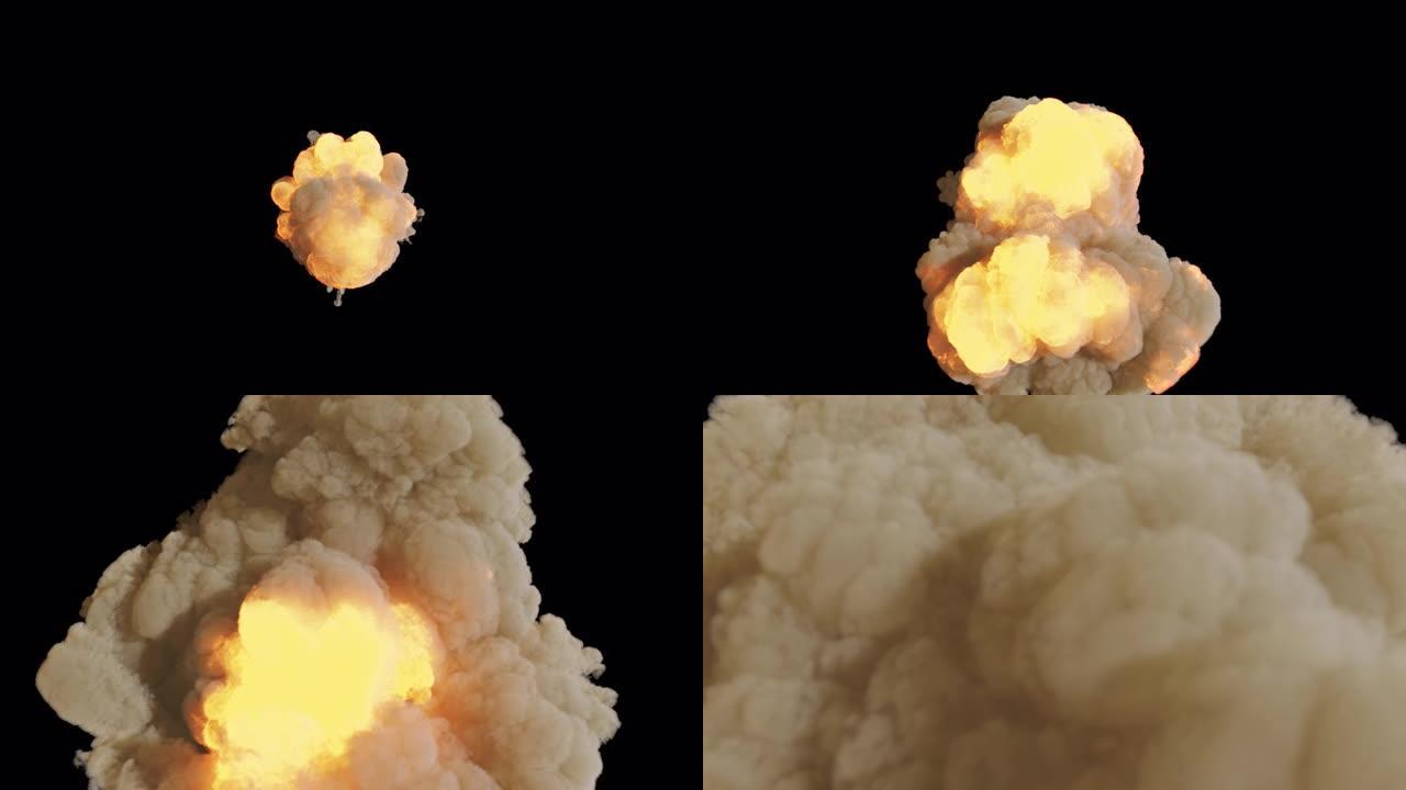 军用炸药或易燃物的爆炸带有强烈烟雾。在带有alpha通道的孤立背景上冒烟爆炸，燃料爆炸。