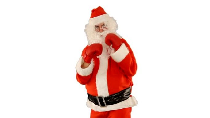 圣诞老人戴着拳击手套，特写镜头，对抗白色
