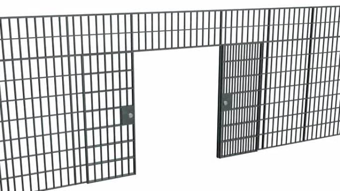 监狱的铁栏和门。开放监狱酒吧的动画。3 d渲染视频