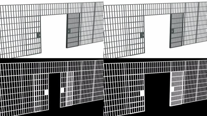 监狱的铁栏和门。开放监狱酒吧的动画。3 d渲染视频