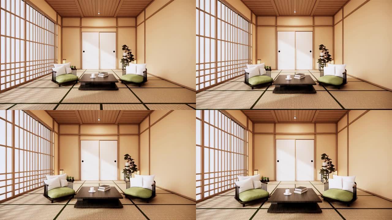 室内与货架墙设计在房间热带风格的最小设计。3d渲染