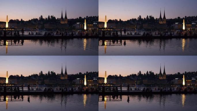 黄昏时间卢塞恩市湖滨湾现代艺术博物馆拥挤码头全景4k瑞士