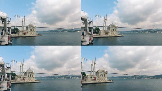伊斯坦布尔的第一博斯普鲁斯大桥和奥塔科伊清真寺。博斯普鲁斯大桥，也称为第一博斯普鲁斯大桥或简称为第一