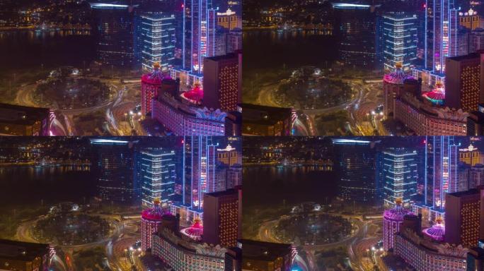 夜间照明澳门城市景观交通街道屋顶全景4k延时中国