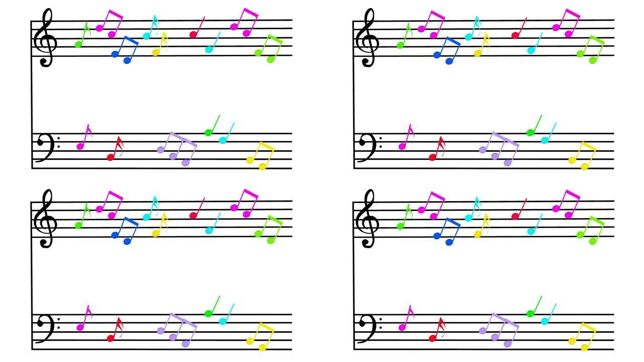 彩色音符在乐谱上弹跳，3D渲染