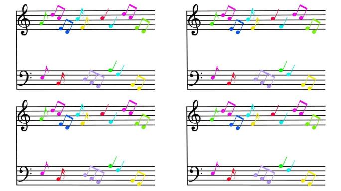 彩色音符在乐谱上弹跳，3D渲染