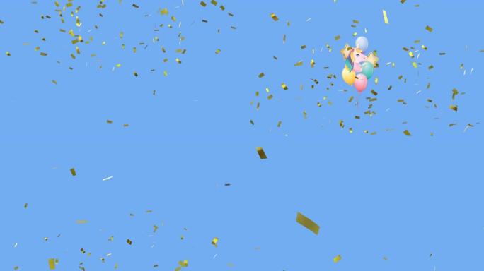 一堆气球漂浮，金色五彩纸屑落在蓝色背景下