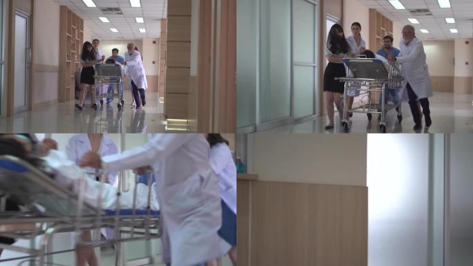 医护人员将病床与病人一起推到急诊室。