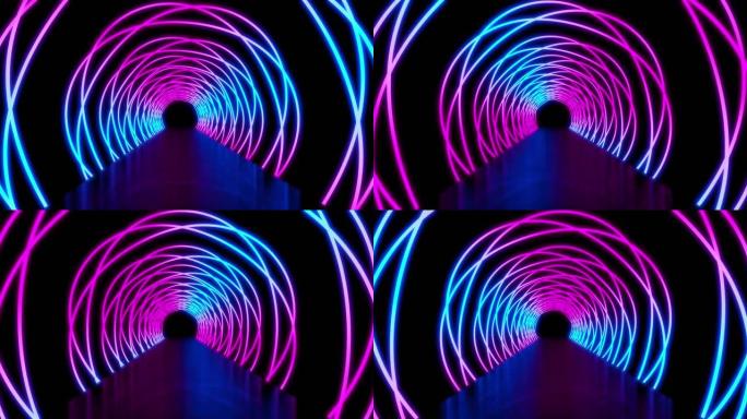一圈的霓虹灯路径显示了一个抽象的隧道-4k环路