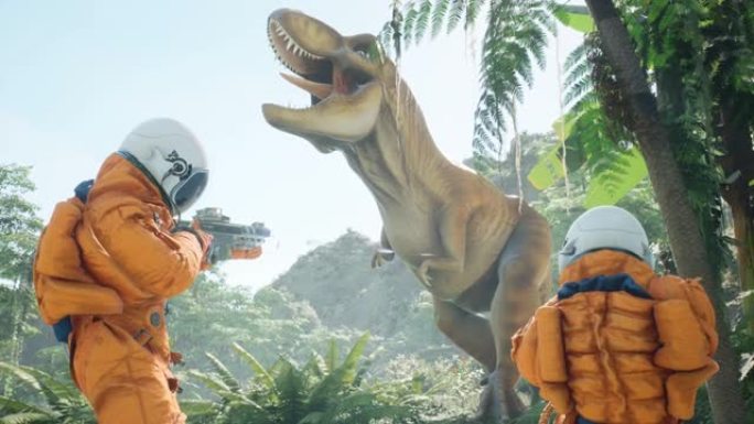 霸王龙恐龙袭击两名宇航员-史前外星人侏罗纪公园的旅行者。幻想、科幻或太空背景的动画。