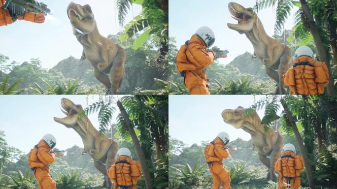霸王龙恐龙袭击两名宇航员-史前外星人侏罗纪公园的旅行者。幻想、科幻或太空背景的动画。