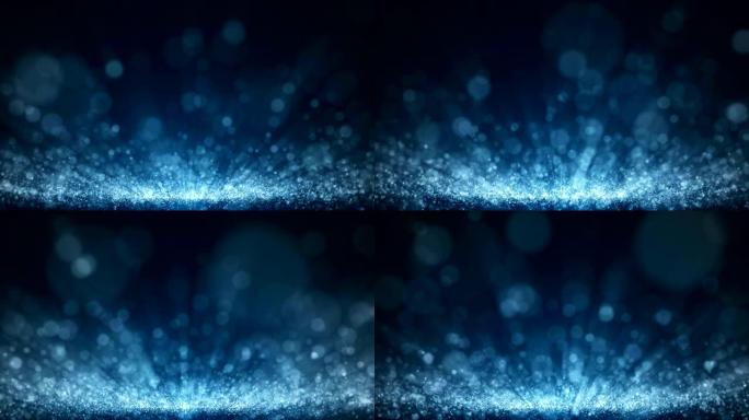 深蓝色和辉光尘埃粒子抽象背景，光线照射光束效果。