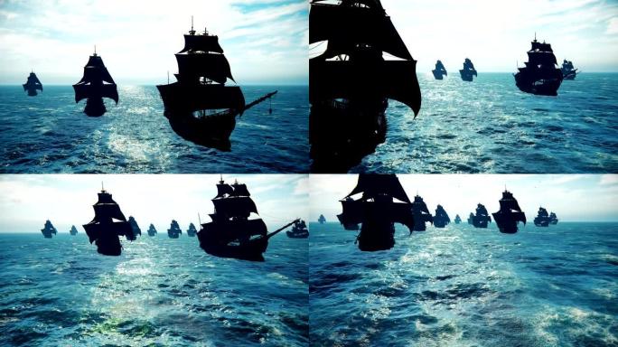 中世纪的船只驶向广阔的蓝色海洋中的热带岛屿。中世纪海上探险的概念。